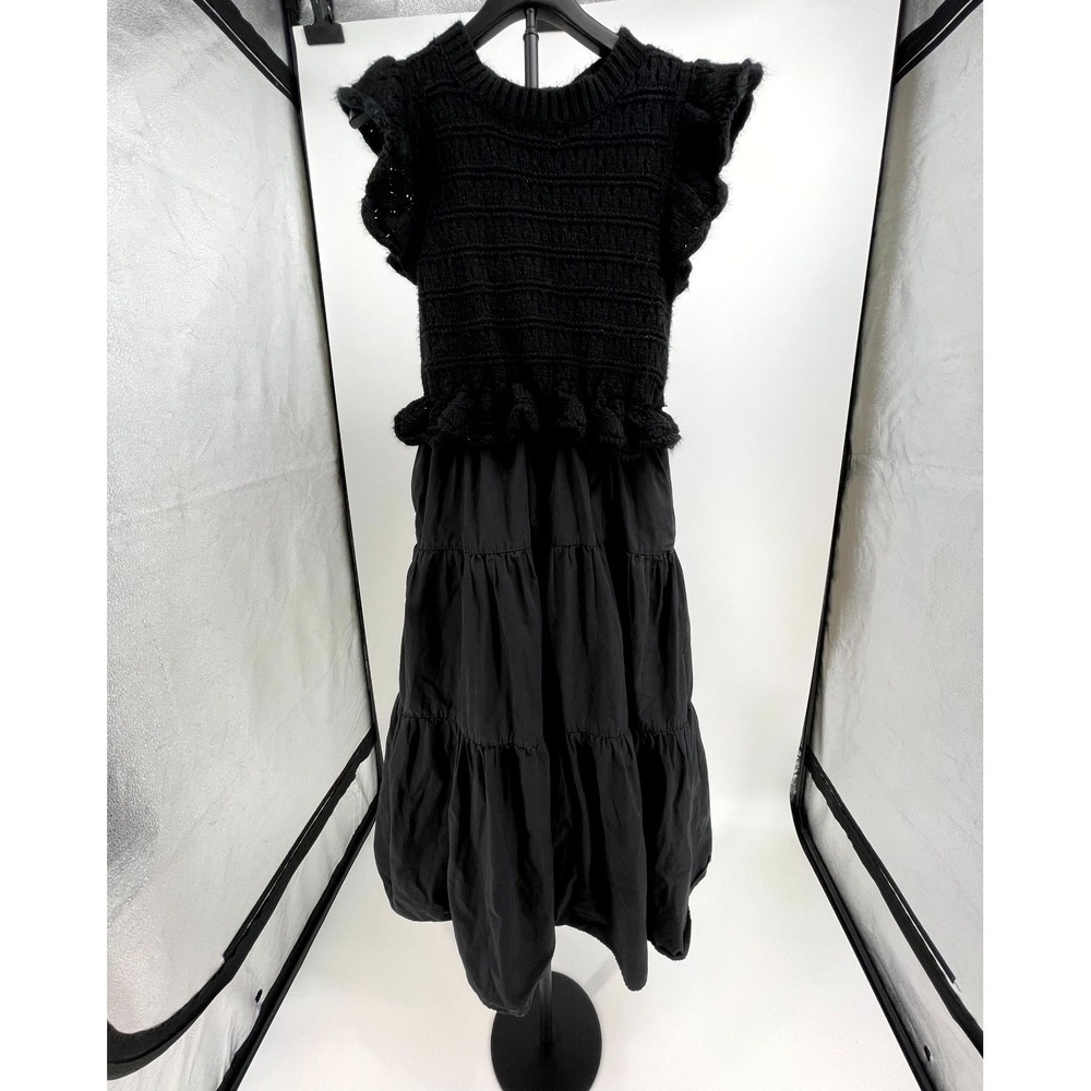 Böhme Carey Maxi Dress Womens Medium Black Crochet Ruffle Tiered Flutter Sleeves